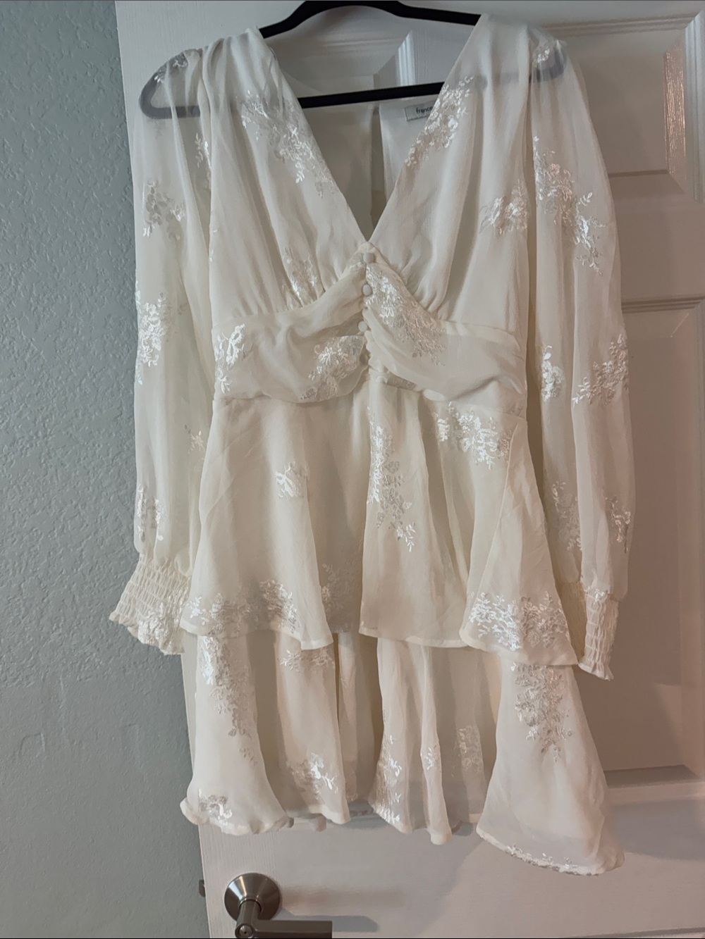 Francesca's Collections Ivory Sheer Embroidered Long Sleeve Dress